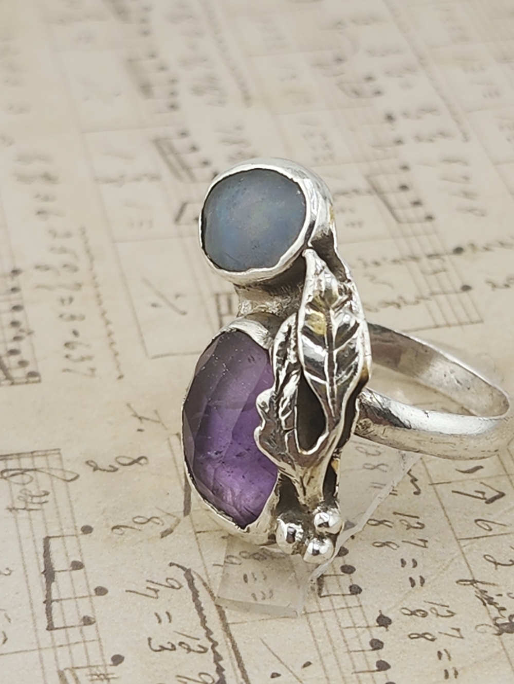OPAL & AQUAMARINE HANDMADE RING IN STERLING SILVER SZ 8.5 - Picture 7 of 11